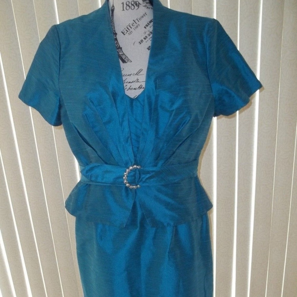 PEACOCK SLEEVELESS DRESS WITH MATCHING JACKET MOB/PARTY DRESS SIZE 14